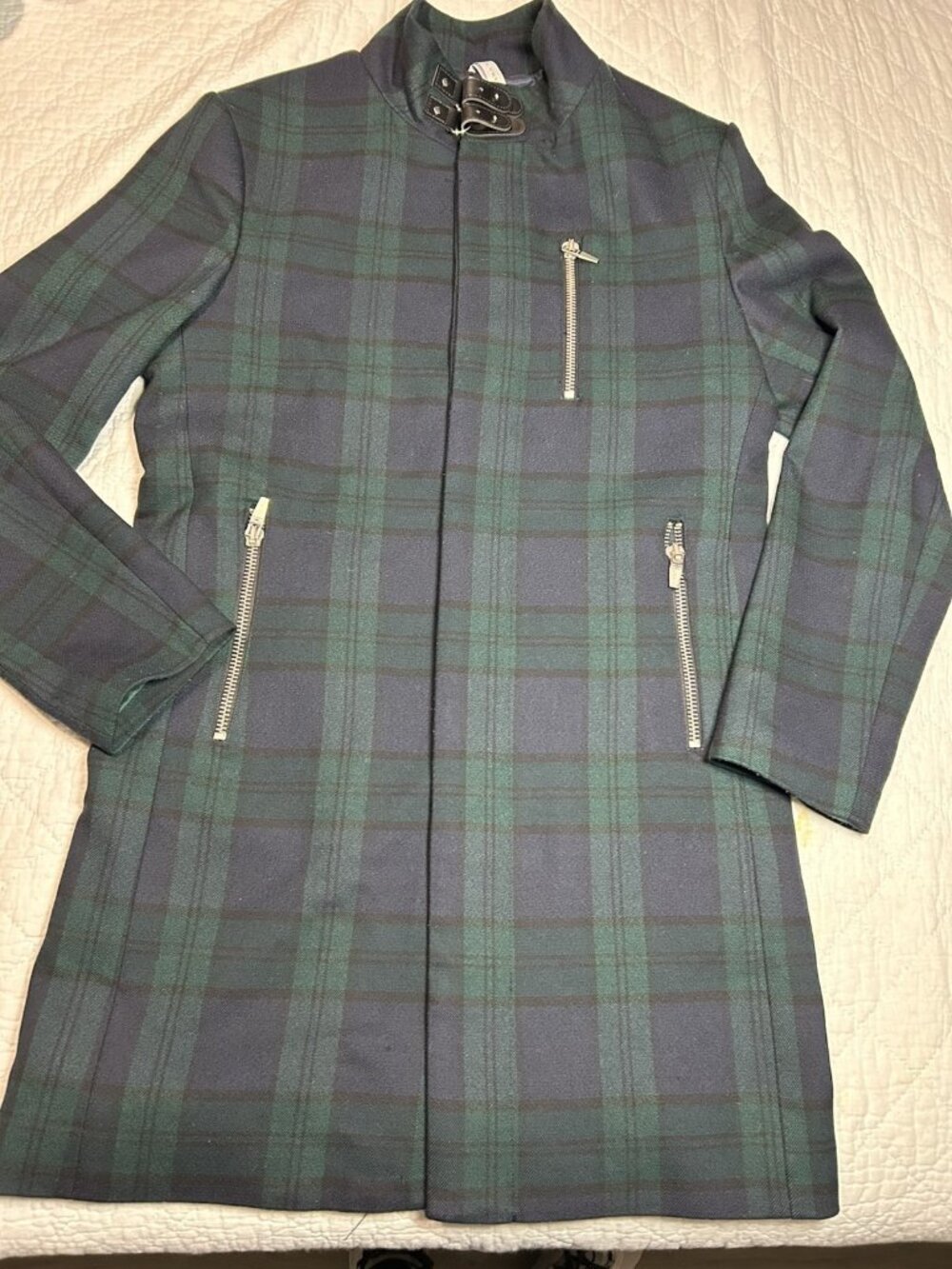 Zara Man Beau Manteau Mi Saison Carreaux Bleu Marine Vert TL Neuf